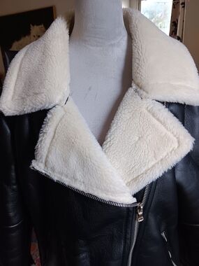 Black Faux Leather Jacket with Cream Sherpa Collar - Women's Biker Coat